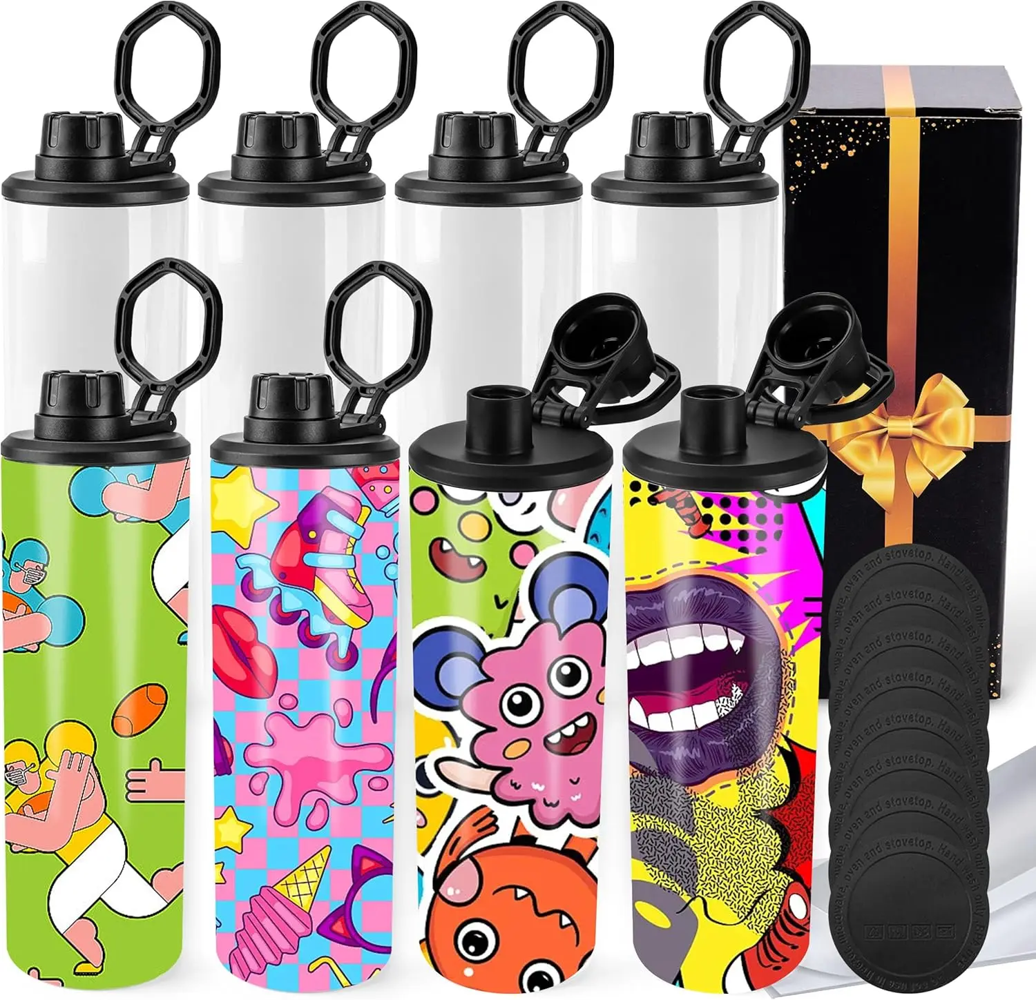 Joyclub 8-Pack 20 oz Customized Printed Shaped Sublimation Water Bottle Blanks Set - Skinny Straight Stainless Steel Tumblers with Handles, Leak-Proof Anti-Scalding 500-1000 ml Bulk Drinkware for Adults, Graduation Gifts, Flasks sohochic