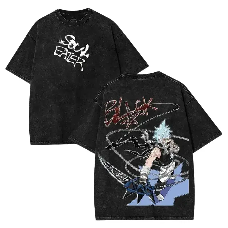 Men's Pre-Washed Cotton Rib Short-Sleeve Round Neck T-Shirt - Soul Eater Black Star Anime Graphic Top, Unisex Casual Relaxed Regular Fit Summer Retro Streetwear, Japanese Manga Merch, Father's Day Gift (2XL), Shortsleeve, Casual Fit