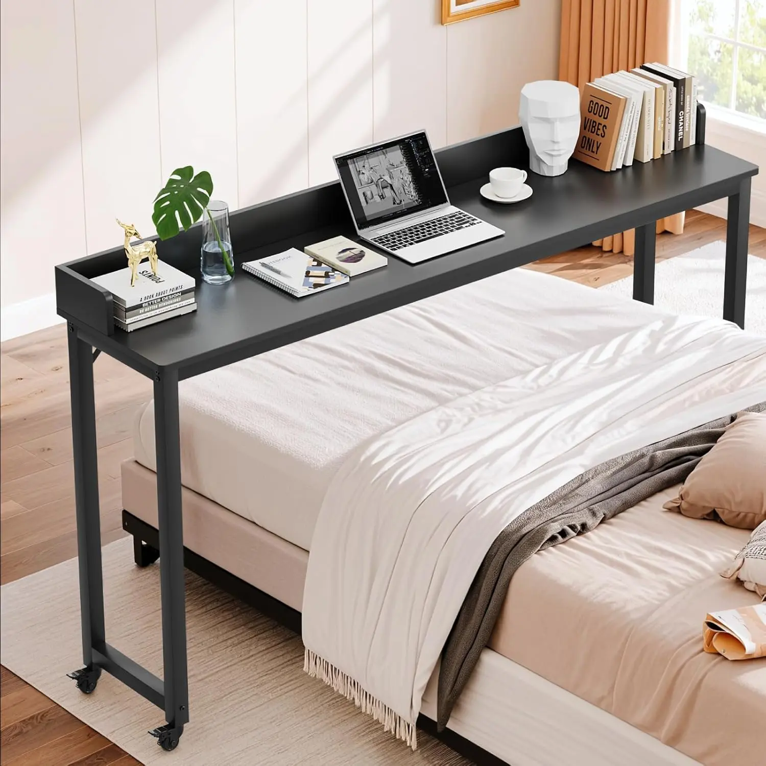 Arlopu Overbed Table with 360° Wheels, Queen Size Mobile Bed Desk with Heavy Duty Metal Leg, Sturdy Laptop Cart & Dining Table for Bedroom, Living Room, Hospital Use homeessentials