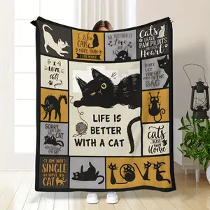 "Life is Better with a Cat" Flannel Blanket, Ultra-Soft Plush Throw with Cat Patchwork Print, Cozy Warm Fleece Blanket for Couch Bed, Perfect Gift for Cat Lovers & Pet Parents, All-Season Comfort