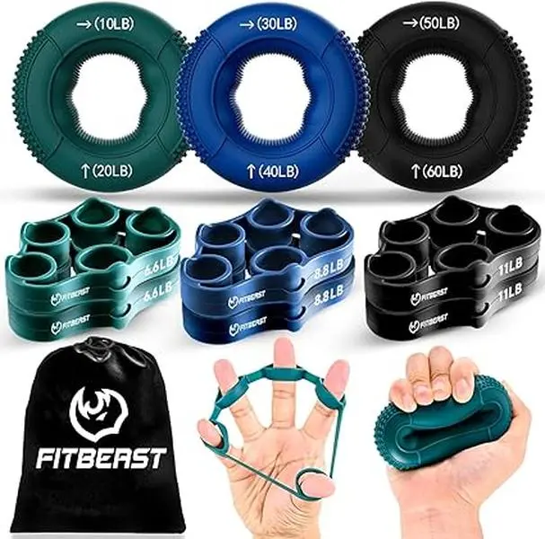 FitBeast Grip Strength Trainer, Finger Exerciser, Forearm Strengthener 9-Piece Kit, Hand Grip Strengthener Targeted Strength, Relief & Recovery