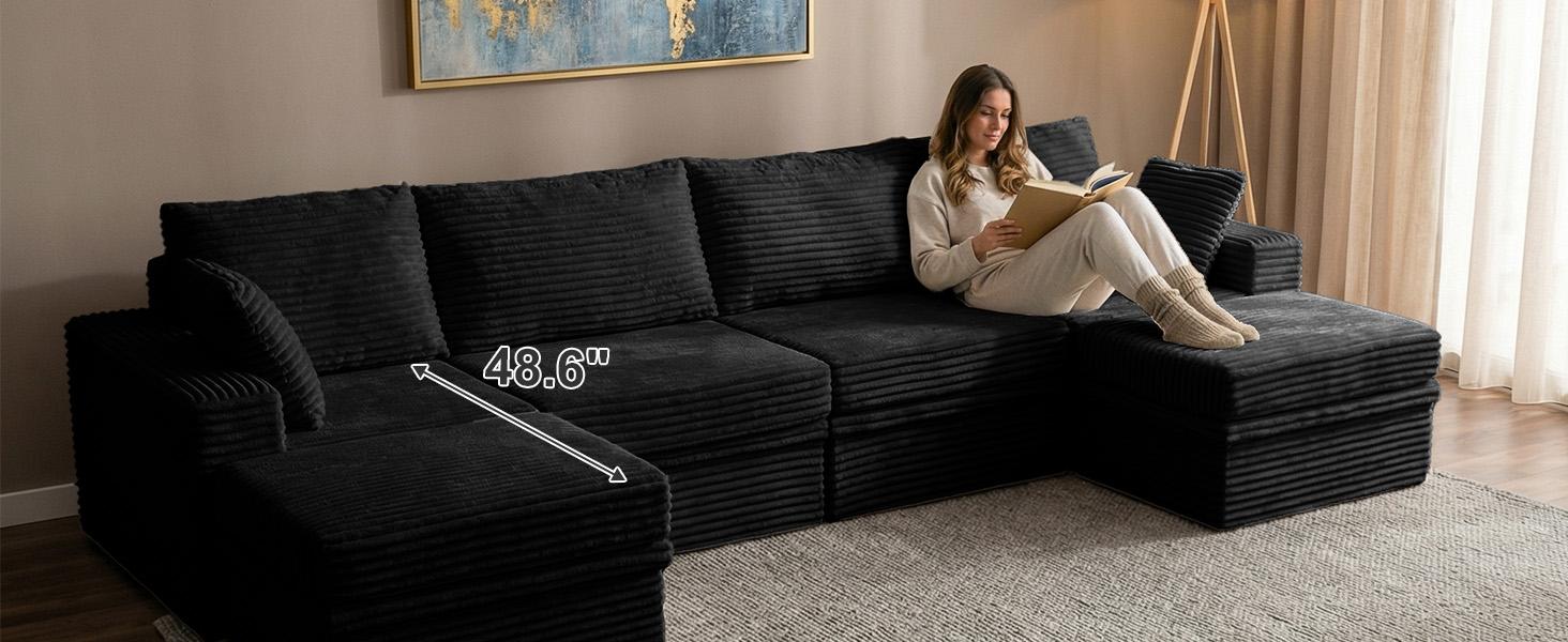 【3 Packages Shipping】NABUMI 142" Modular Sectional Sofa with Storage, Oversized U-Shaped Cloud Couch with Ottoman, 27" Deep Seat Memory Foam Corduroy  6 Seater U Shaped Couch, Free Combination, Tool-Free Assembly, Black BeigeDark Gray Green