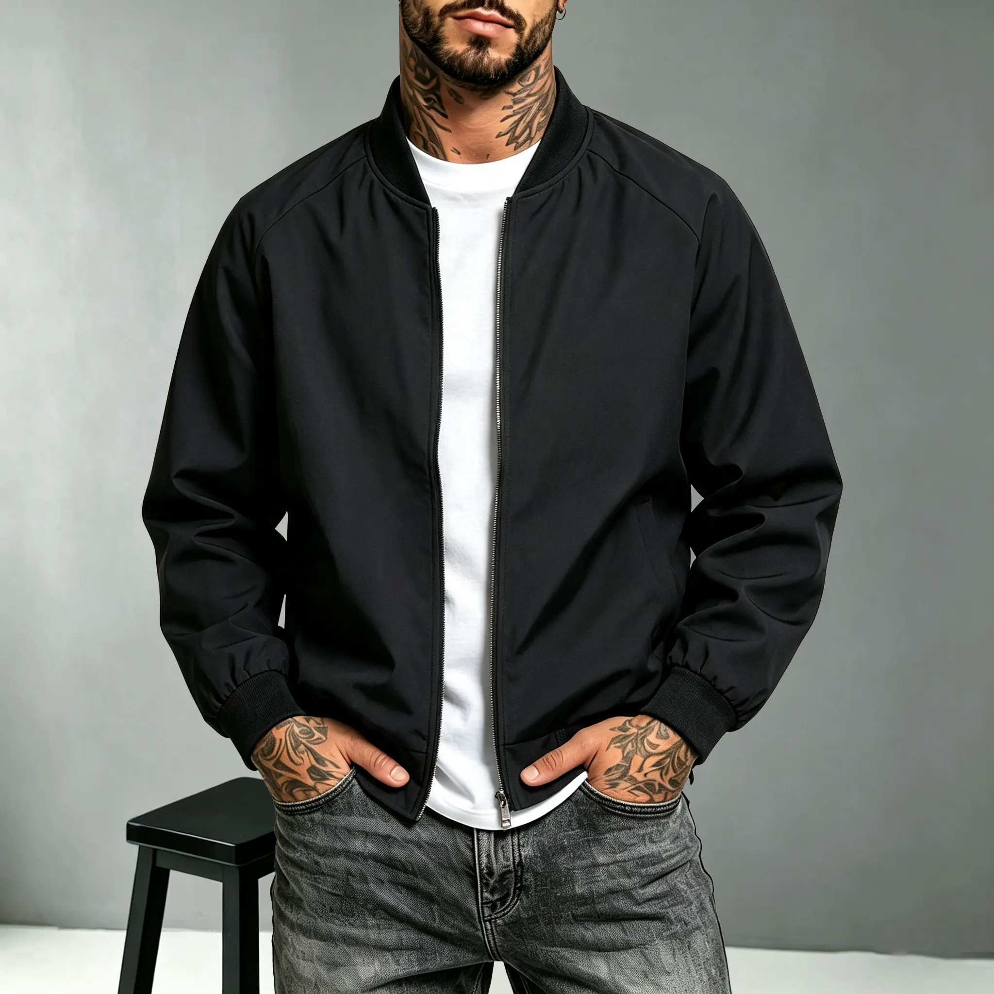 Men's Solid-Color Casual Aviator Jacket - Lightweight Zip-Up Windbreaker with Classic Baseball Collar for Spring & Autumn