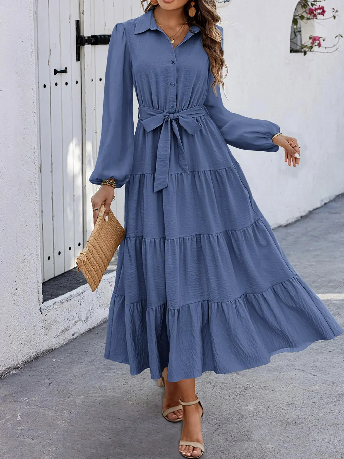 V Neck Pleated Waist Tie Belt Casual Long Sleeve Dress, Comfortable Resort Wear Beach Party Dress for Women, Stylish Summer Dress for Any Occasion