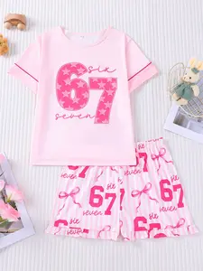 Pink Striped Six Seven 67 Themed Kids Pajamas 2-Piece Set, New Flame-Resistant Round-Neck Short Sleeve Top with Elastic Waist and Ruffled Shorts Casual Set, Sweet Pink and White Striped Six Seven with Soft Adorable Bow Print Design, Suitable for Female Ch