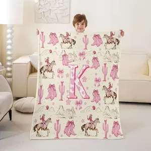 Personalized Pink Cowgirl Boot Blanket Monogram A Z Ultra Soft Flannel Throw Coquette Bow Western Horse Print Cozy Blanket for Girls Bedroom Decor Kids Room Gift Summer Vibes Style