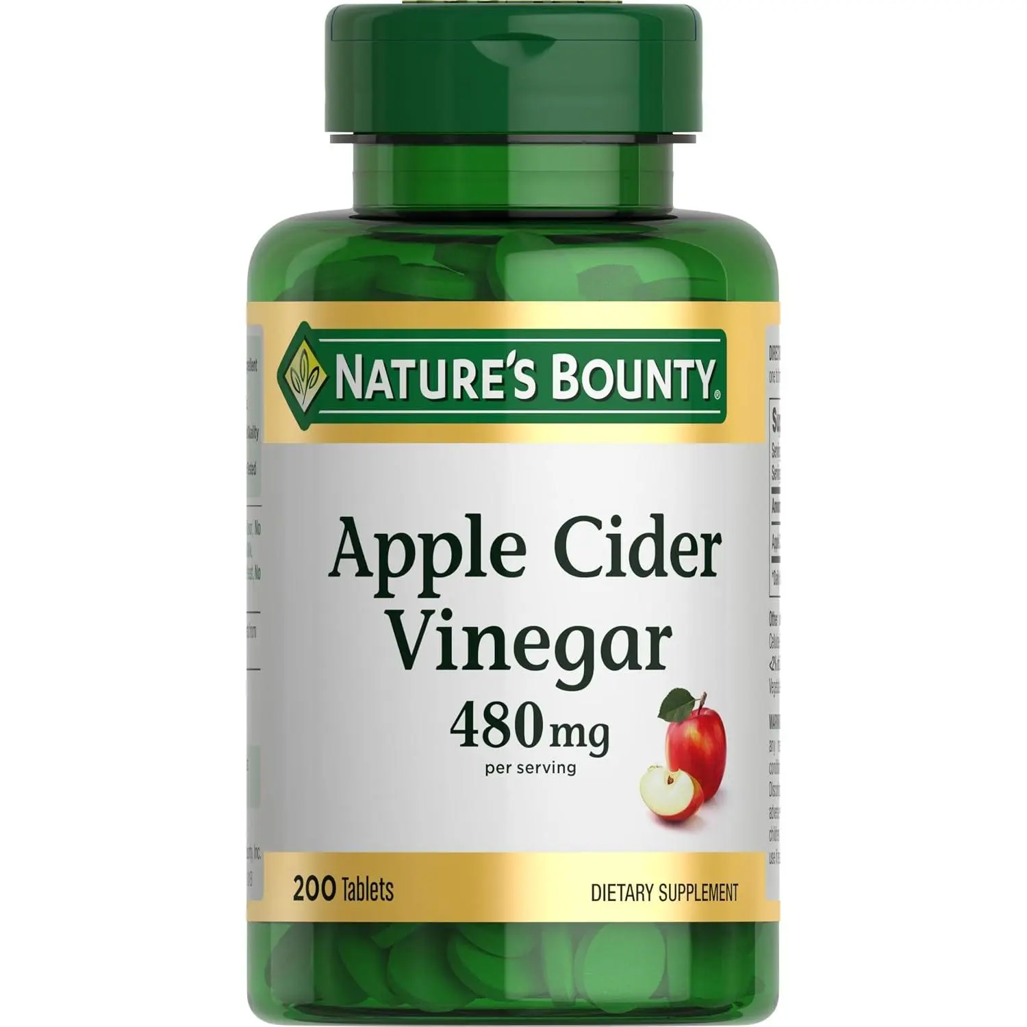 Nature's Bounty Apple Cider Vinegar 480mg Pills, Vegetarian Supplement Plant Based, 200 Tablets