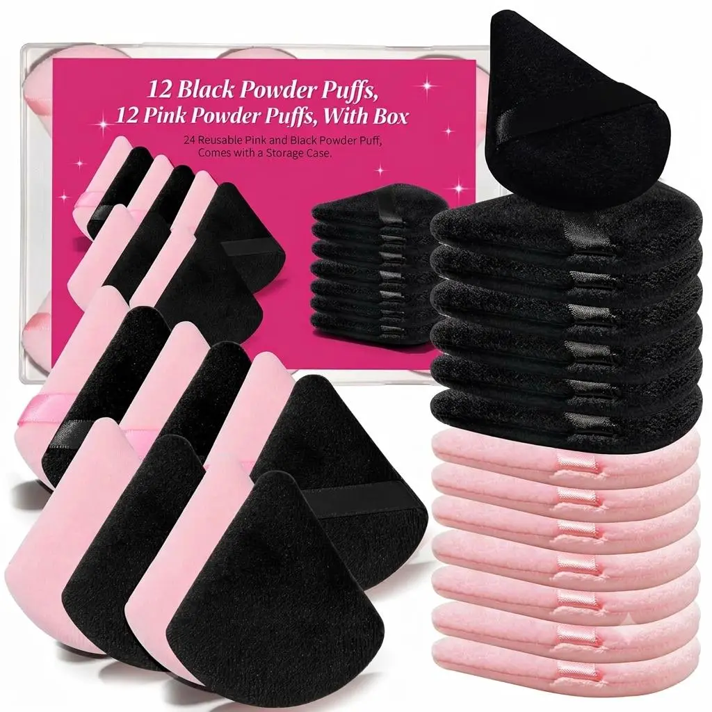 24Pcs Black and Pink Powder Puff, Triangle Powder Puffs, Powder Puffs for Makeup and Cosmetic Foundation