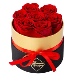 Lasting Beauty Round Black Gold Box | 7 Red Roses Decor Decorative