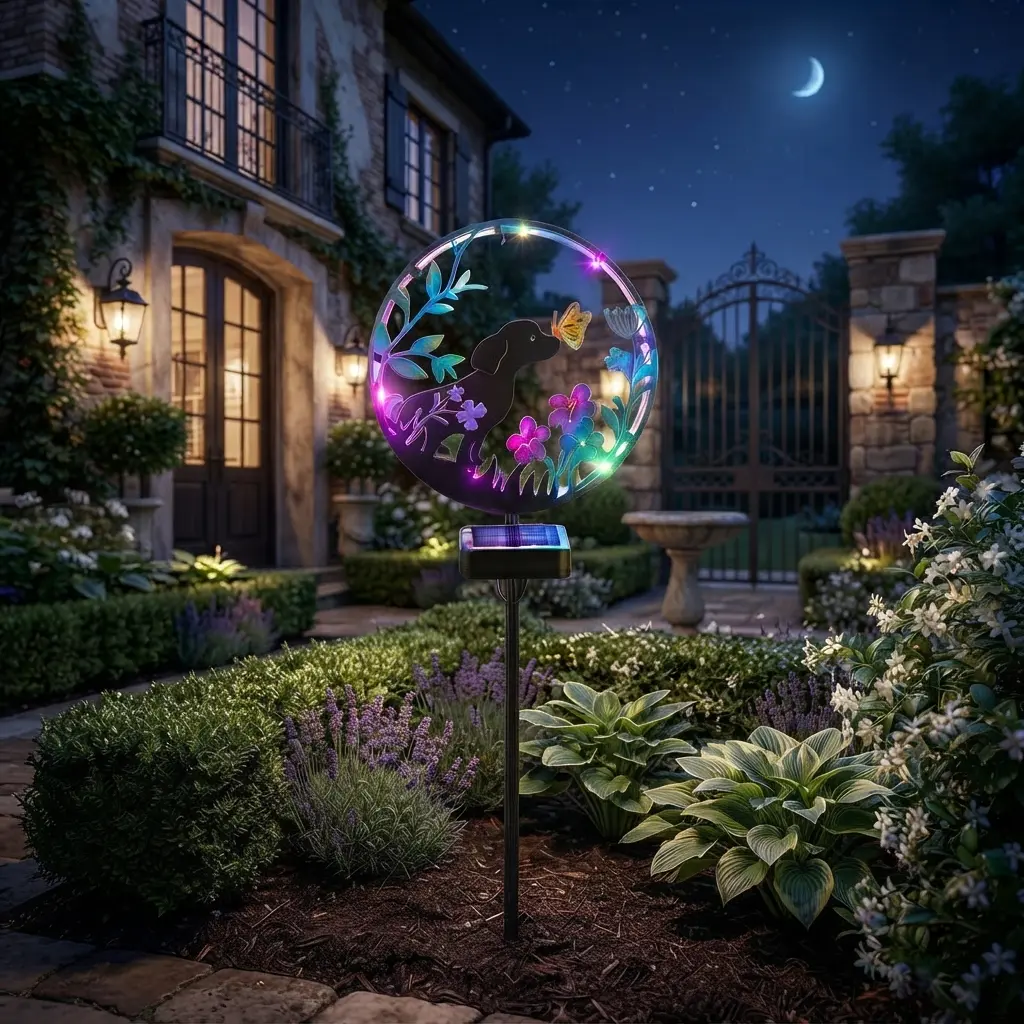 Whimsical Solar Garden Lights - Waterproof Metal Hoop Stake Lights with Auto On/Off, Dual Styles, Cute Dog, Butterfly & Colorful LED Glow, Outdoor Decor for Lawn, Patio