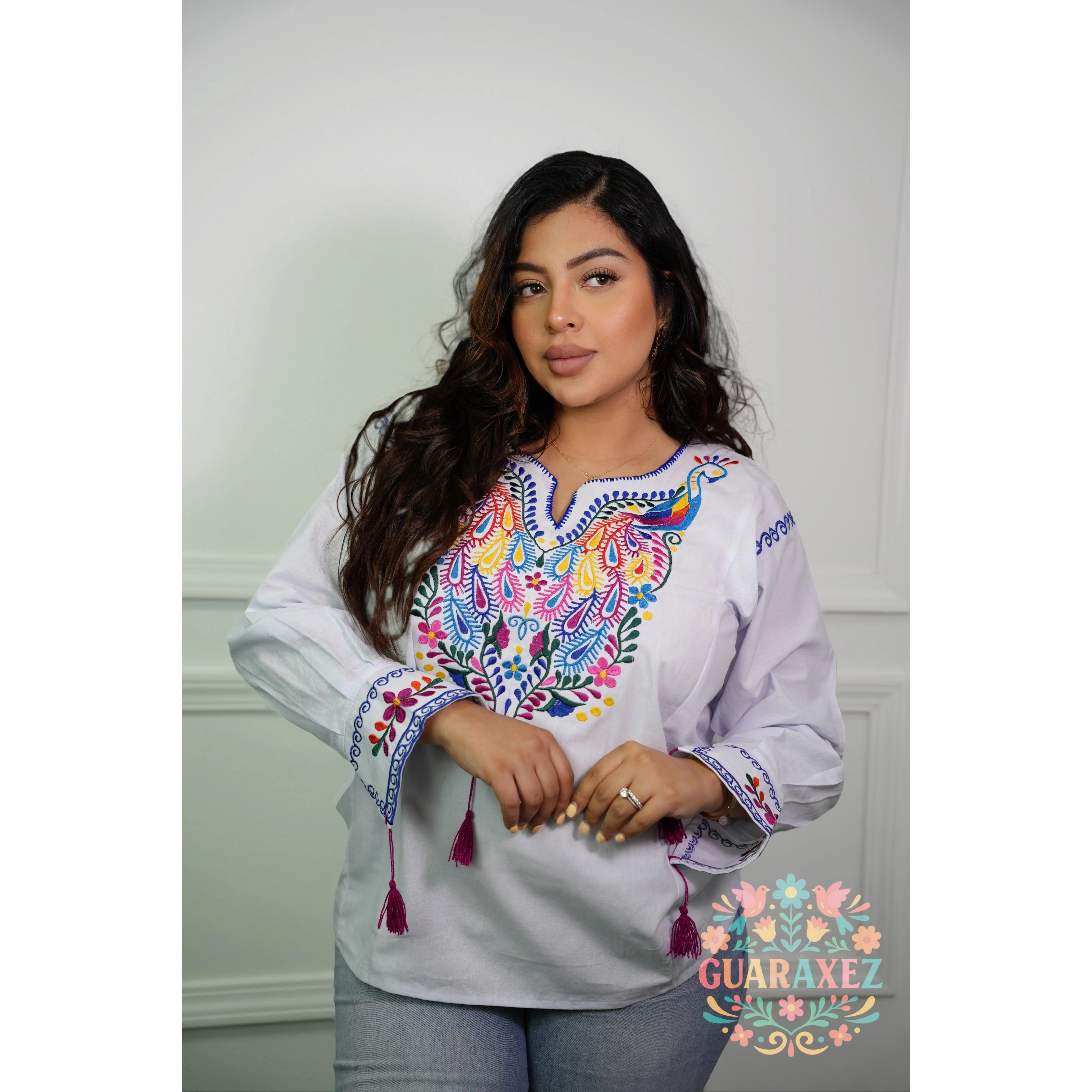 Amira Mexican Top - Red Floral Long Sleeve Blouse with Colorful Embroidery and Comfortable Fit