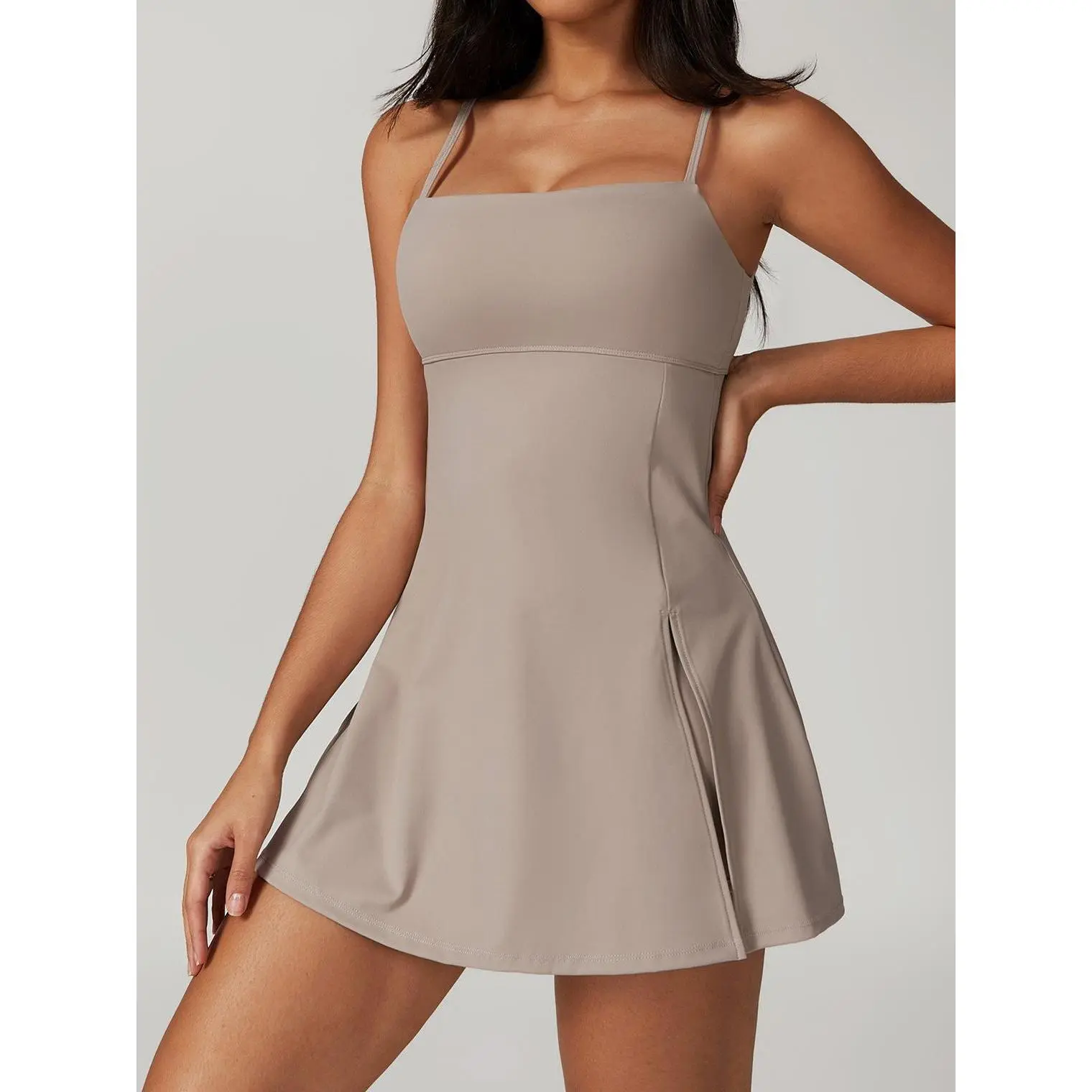 backless active dress with shorts 4505 active halter neck tennis dress with under shorts in pale yellow