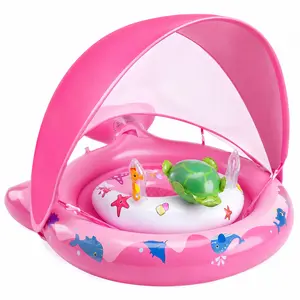 Inflatable Baby Pool Float with Sun Canopy, UPF50+Sun Protection, Portable & Easy to Store, Padded Safety Seat with, Includes Air Pump, with Toys Baby Swim Float for 6-36 Months Boys & Girls(Pink)