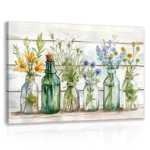 Green Bathroom Wall Art, Vintage Rustic Farmhouse Wall Decor, Watercolor Floral Canvas Painting, Sage Green Plant Aesthetic Picture for Bathroom Laundry Room Decor