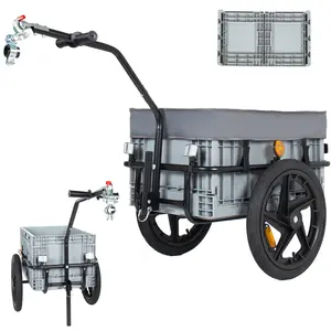 53*22*33 Inch Black Gray 2‑in‑1 Steel Bike Cargo Trailer, 70L Foldable Storage Box with Waterproof Cover, 16" Quick‑Release Wheels 88 Lbs Capacity for Outdoor Camping Picnic Hauling