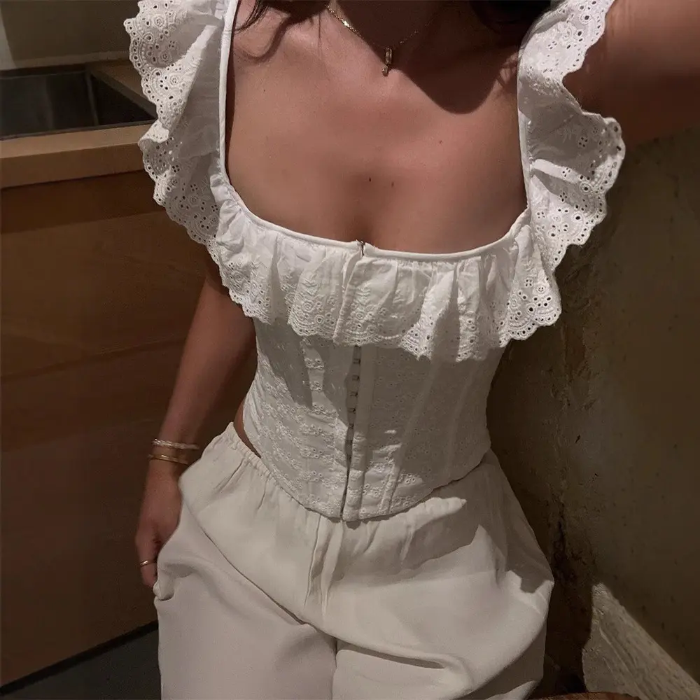 Women's Chic Plain Polyester Corset Short Top - Square Neck, Butterfly Sleeves, Backless, Adjustable Lace-Up Strap, Eyelet Embroidery Shirt for Lady, Summer Daily, Party Use, Shirts, Adjustable Strap