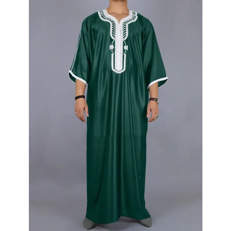 Men's Islamic Abaya Robe - Moroccan Arabic Traditional garb, Black/White/Green with Vertical stripe, Loose Fit Muslim Clothing for Daily & Special Occasions - Modest Muslim Apparel, Religious Attire, Handcrafted Embroidery, Durable Material, Cultural Wear