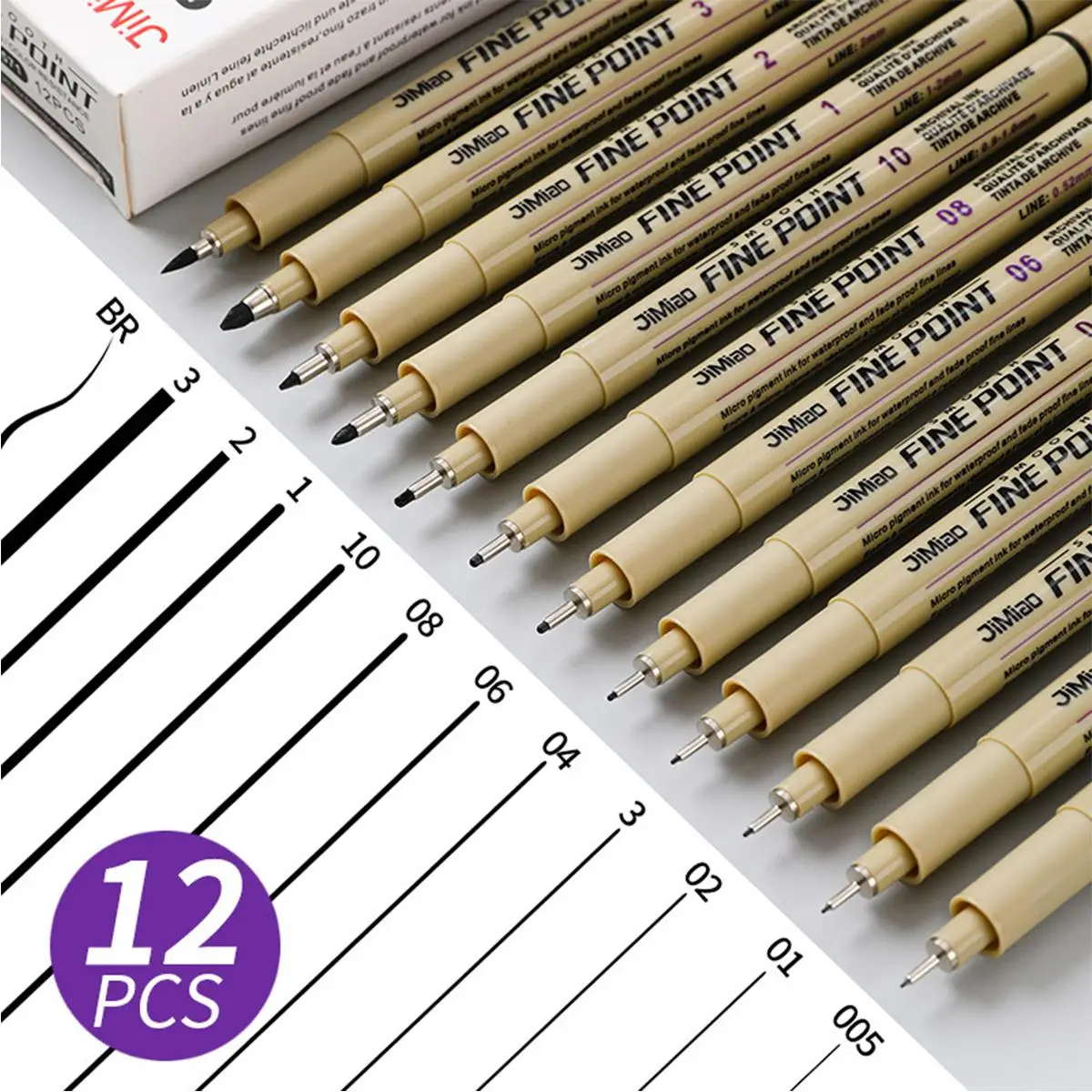 12pcs Mixed Size Nib Drawing Pen Set, 0.2mm To 3.0mm Multi Size Waterproof Hook Pen, Art Supplies Drawing Needle Pen Set