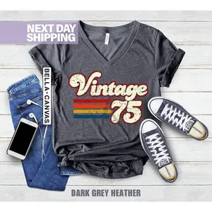1975 Vintage Birthday V-Neck Tee, Retro Style, 50th Birthday for Women, Vintage 1975 T-Shirt, 50th Birthday, 50th Birthday Gift, Father Gift