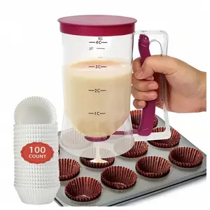 Pancake Cupcake Batter Dispenser,With 100 Count White Cupcake Liners Grease-Proof Baking Cups Paper， Bakeware Maker with Measuring Label, Perfect Baking Tool for Cupcakes, Waffles, Muffin Mix, Cake or Any Baked Goods