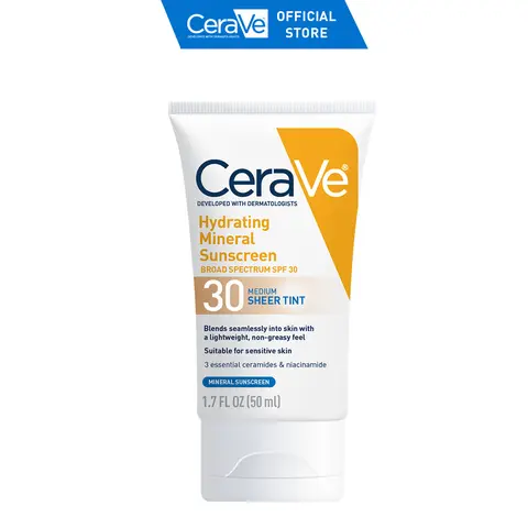 CeraVe Sheer Tint Hydrating Mineral Facial Sunscreen SPF 30 - Gentle Hyaluronic Acid Tinted Moisturizer, Skin Repair, No White Cast, Sunscreen for Face