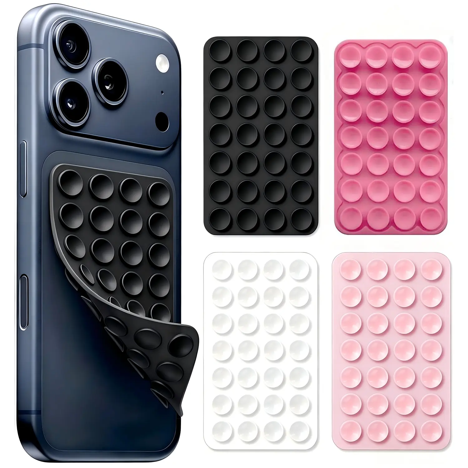 4 Pack Silicone Octo Cup Buddy Sticky Grip Holder for Cellphone, Double Sided Suction Phone Case Mount Phone Accessories Strong Grip Holder for Selfie and Video - (Black & White & Rose Pink & Light Pink)