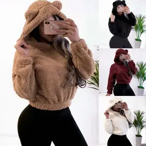 Womens Hoodies Sherpa Pullover Sweater Fuzzy Fleece Sweatshirt Oversized Hoodie Cozy Outerwear Womenswear Animal Bear Check Cute Furry Day Fit