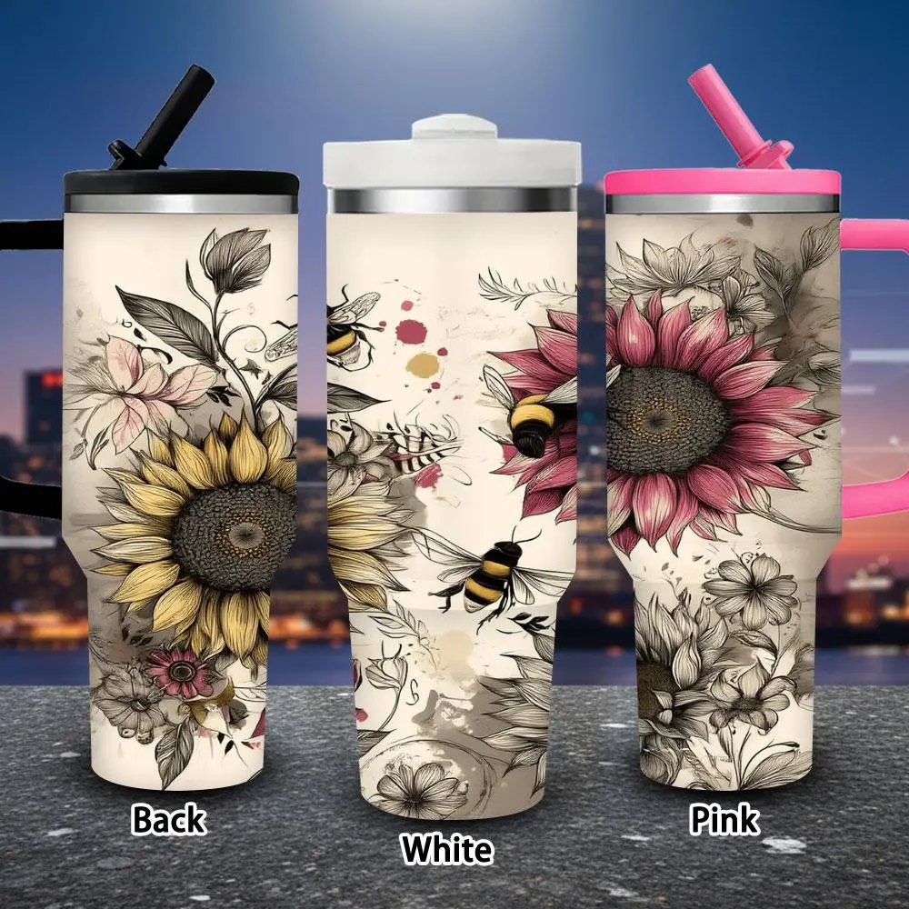 1 pc 40 oz hand-drawn botanical floral pattern tumbler with bees and sunflowers, with lid and straw; winter insulated travel mug; gift for women and men; ideal for Valentine’s Day, Easter, and birthdays; suitable for iced or hot coffee
