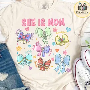 She Is Mom Coquette Bows Watercolor Shirt Mother Hood Shirt Mother Day Gift 2025 