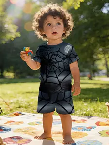 Mysterious dark-style spider web and spider printed short-sleeve set for infants and toddlers, casual kids' clothing for babies, T-shirt suitable for daily and outdoor sports, 100% polyester, a perfect gift for infants and toddlers!