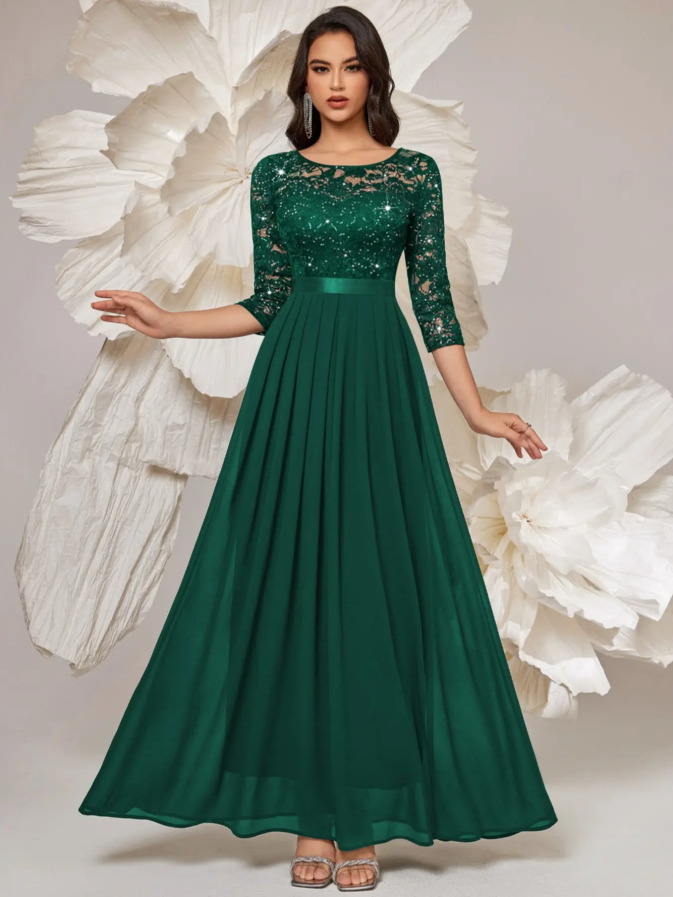 MIUSOL Women Elegant Classy Sequin Floral Lace 3/4 Sleeve Pleated Hem Chiffon Formal Prom Cocktail Birthday Party Evening Maxi Dress Formal Wear