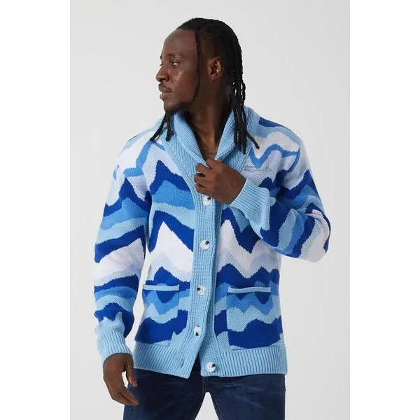Men’s Blue Wave Pattern Knit Shawl Collar Cardigan – Ocean-Inspired Button-Down Sweater