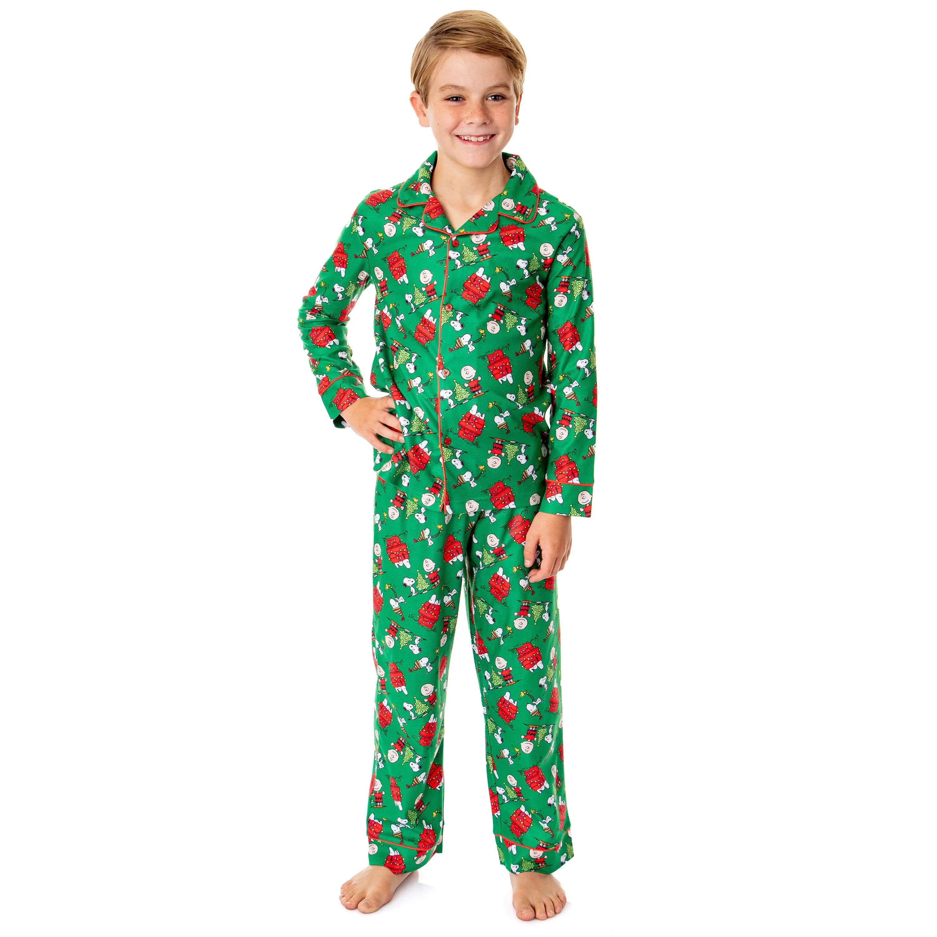 PJammy Boys' Peanuts Pajama Set, Snoopy & Charlie Brown Christmas Cartoon Print, 2-Piece Long Sleeve Button Up Polyester Sleepwear, Cartoon Print Pajama, Sleepwear Pajamas