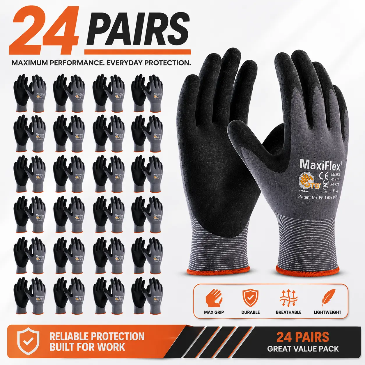 MaxiFlex Ultimate Foam Nitrile Work Gloves, Foam Nitrile Palm Coated, Micro-Foam Nitrile Grip, Nitrile Coated Safety Gloves, Breathable Seamless Nylon, High Dexterity, Abrasion Resistant, General Purpose, Construction, Guantes Para Trabajo, 12/24 Pack