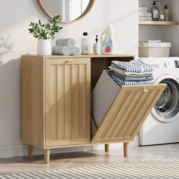 Oakault Durable Wood Rectangular Tilt-Out Laundry Hamper Storage Cabinet with 2 x 7.93 Gal (30L) Concealed Baskets, Bathroom Cupboard, Room Accessories, 27.36x13.8x27.8 in, Laundry Organization Containers, Hidden Laundry Basket