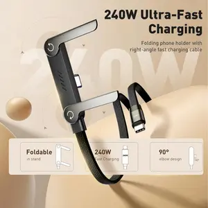 240W Super Fast Charging 2-in-1 Invisible Stand Cable for iPhone Samsung Type-C Universal Gaming Office desk car Travel Black 1.5m Foldable Phone Holder with & Dual-Type flat charger durable cord design base mo outdoorfun
