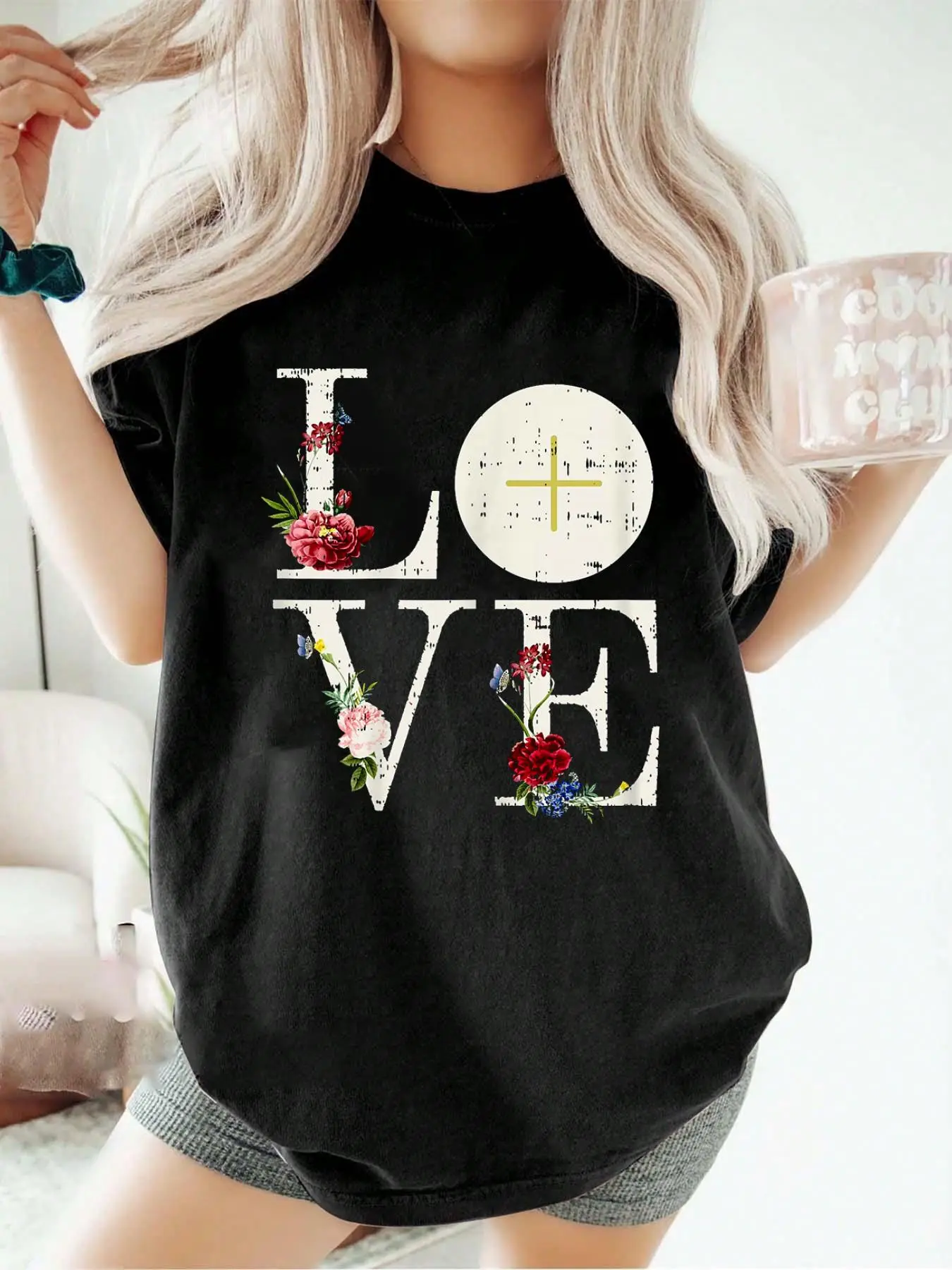 Lady's 100% Pure Cotton Loose Crewneck Short-Sleeve T-Shirt, Christian Catholic First Holy Communion Love Eucharist Themed Gift for Women, Style, Top