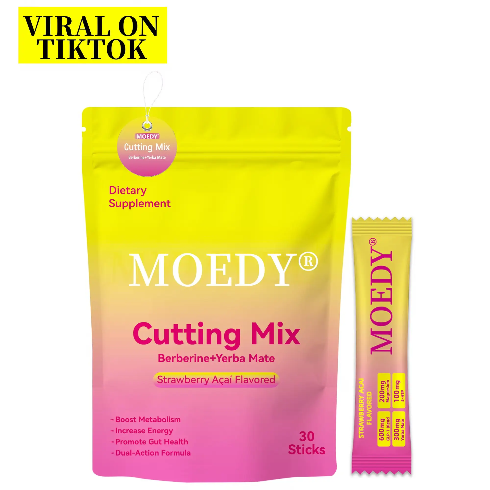 MOEDY Strawberry Acai Flavor Cutting Mix - Berberine + Yerba Mate forGym Goals, Metabolism & Energy Support, 30Sticks Drink