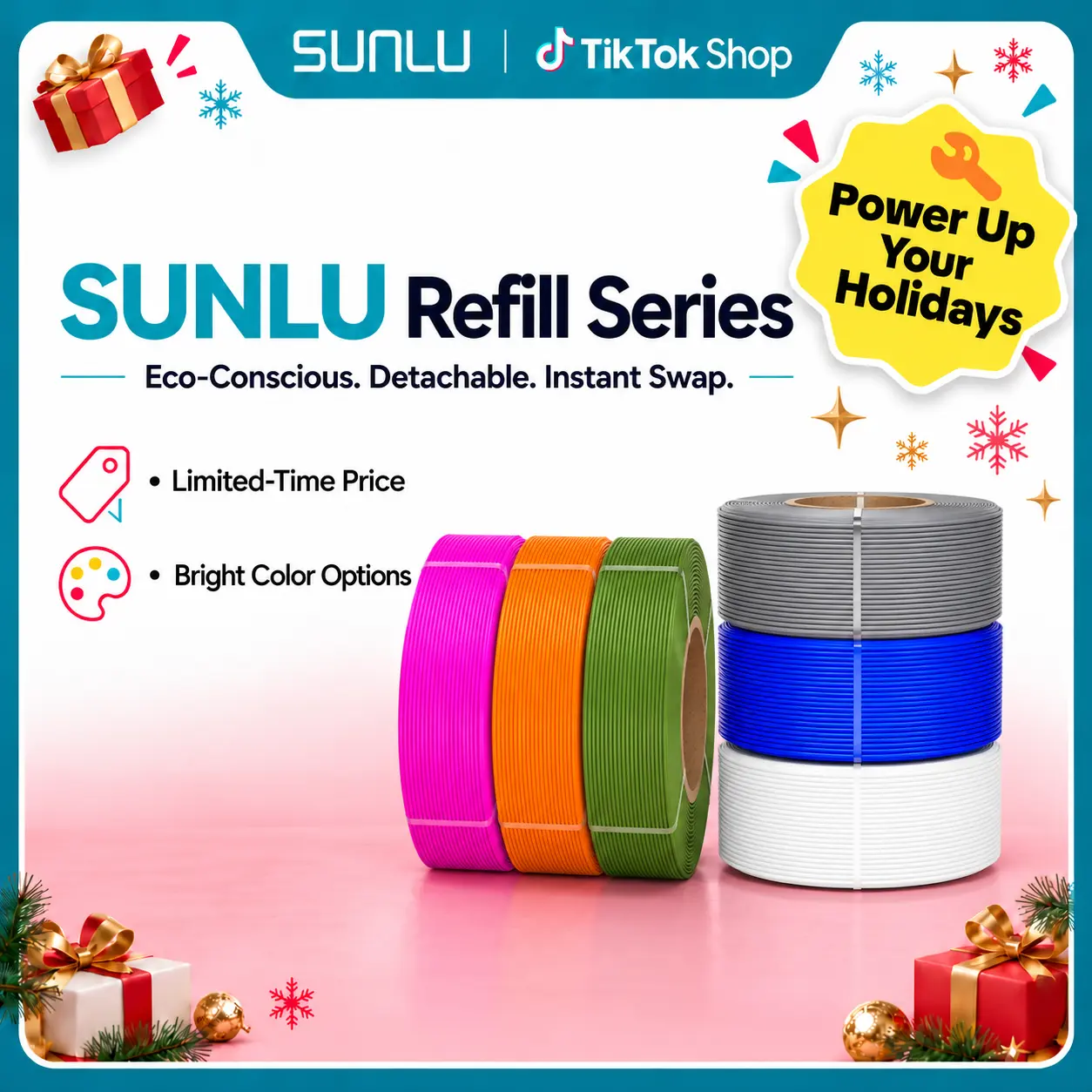 SUNLU Refill Filament PLA,  PLA+, PLA+2.0，PETG Filament, Compatible with 2025 SUNLU 3rd-Generation Reusable Spool and Bambu Reusable Spool, 1KG 1.75mm Filament Sustainability Flexibility-8561 tiktokshopbacktoschool,back to school,back to school haul