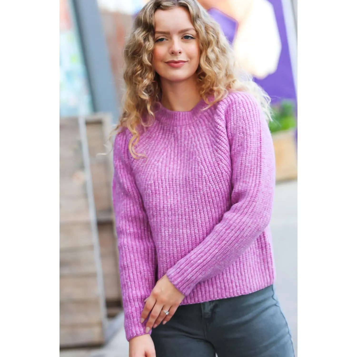 Sweet Lavender Mélange Round Neck Knit Sweater
