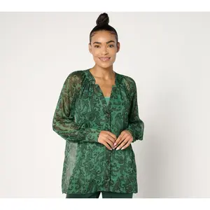 Susan Graver Petite Printed Woven Blouse with Lurex & Knit Cami