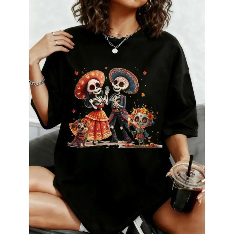 Women's De Los Muertos La Catrina Day of The Dead Sugar Skull Cotton T-Shirt - Vintage Streetwear Top, Casual Fit, Breathable Fabric, Prints