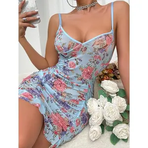 Women's Pink Floral Mesh Mini Dress - Spaghetti Strap Ruched Bodycon Dress with Ruffled Hem |   Romantic & Feminine Nightwear for Special Occasions, Best gift for Valentine's Wedding Anniversary Birthday