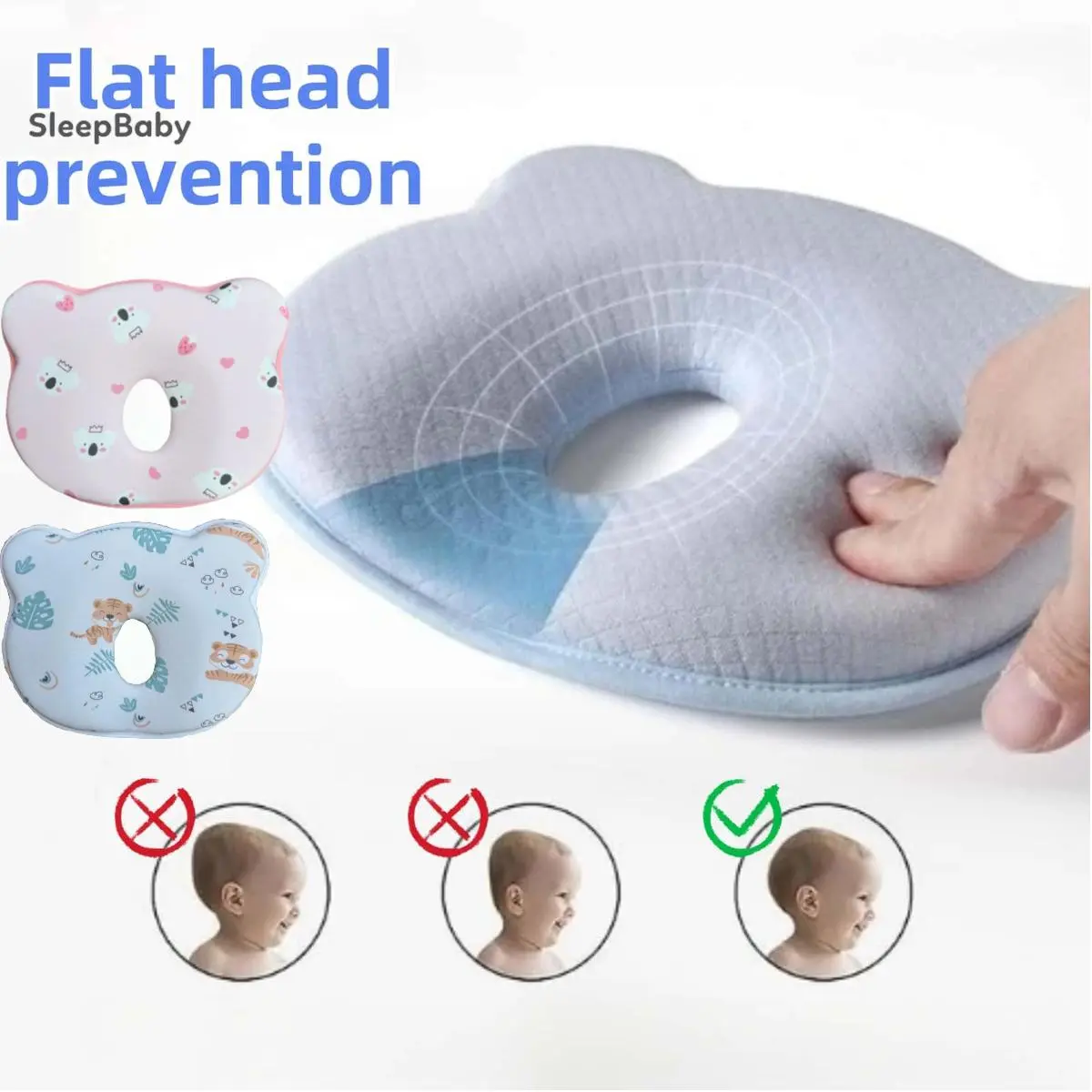 Newborn Baby Memory Cotton Head Shaping Pillow, Cute Bear Shape Animal Print, Soft & Cozy, Flat Head Prevention, Boppy Nursing Pillow, Baby Accessories