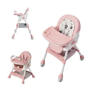 Adjustable 3-in-1 Baby High Chair, Foldable Convertible Toddler Dining Chair with Lockable Wheels, Removable Double Tray & Storage Basket detachable pu cushion