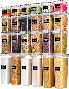 Airtight Food Storage Containers with Lids, 24 pcs Plastic Kitchen and Pantry Organization Canisters for Cereal, Dry Food, Flour and Sugar, BPA Free, Includes 24 Labels，Black