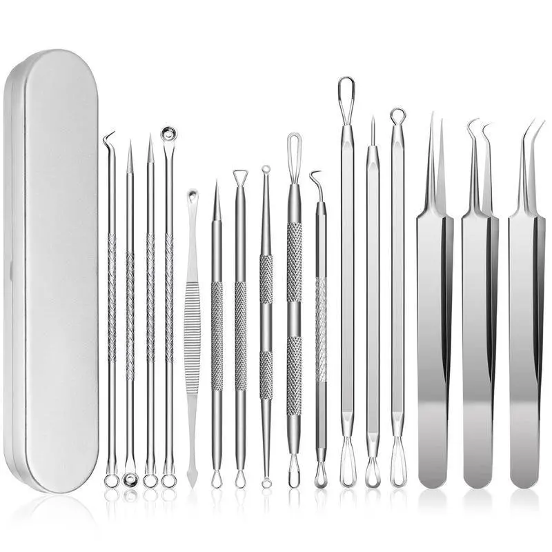 pimple needle drain 16 PCS Pimple Popper Tool Kit, Acne Blackhead Tools for Blemish, Blackhead Remover Tools,410 Premium Professional Stainless Acne Pimple Extractor Tool with Metal Box Set.
