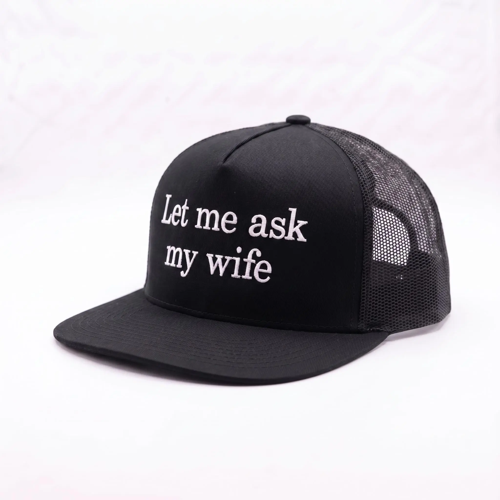 Classic Flat-Brim Trucker Hat for Men & Women with "Let Me Ask My Wife" Embroidery, Lightweight Everyday Fashion Accessory with Elasticity, Do Not Wash, Adjustable, Baseball Cap, Casual, Daily, Uplifting Text Graphic Hats, High-Quality Embroidered Design