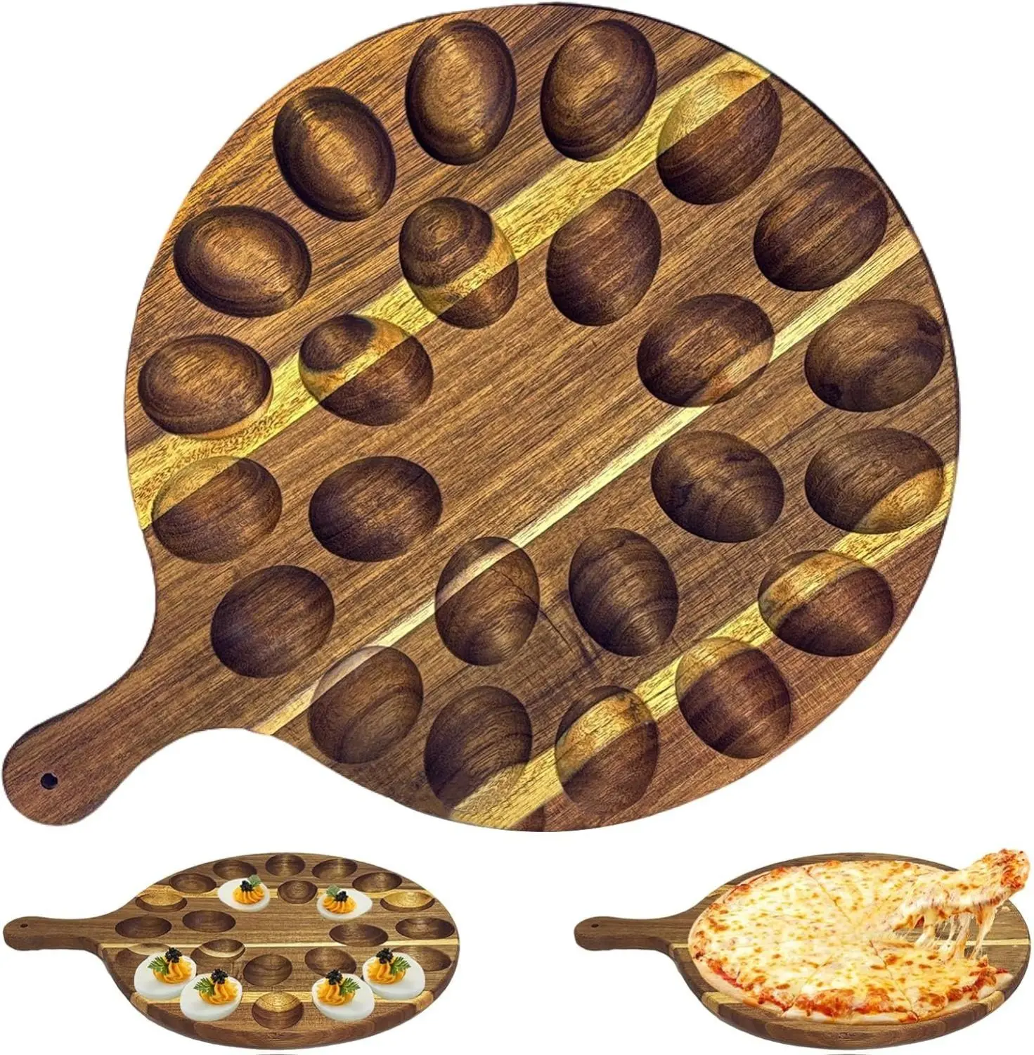 Wood Deviled Egg Platter,Reversible 24 Holes Round Egg Holder Container Charcuterie Board,Easter Deviled Egg Carrier for Kitchen Countertops