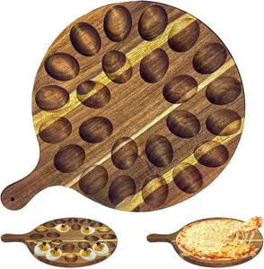 Wood Deviled Egg Platter,Reversible 24 Holes Round Egg Holder Container Charcuterie Board,Easter Deviled Egg Carrier for Kitchen Countertops